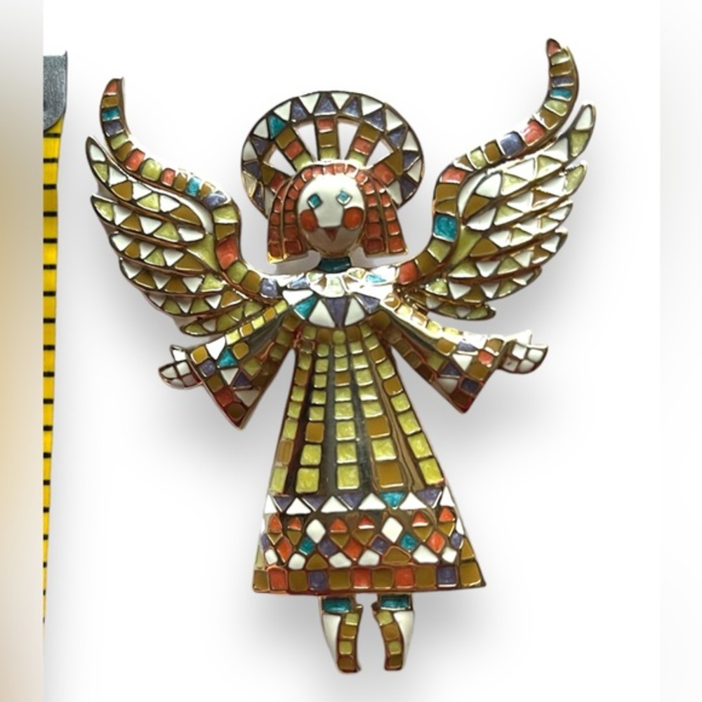 Vintage Bob Mackie Large Guardian Angel Multicolor Enamel Mosaic Pin Brooch 3"